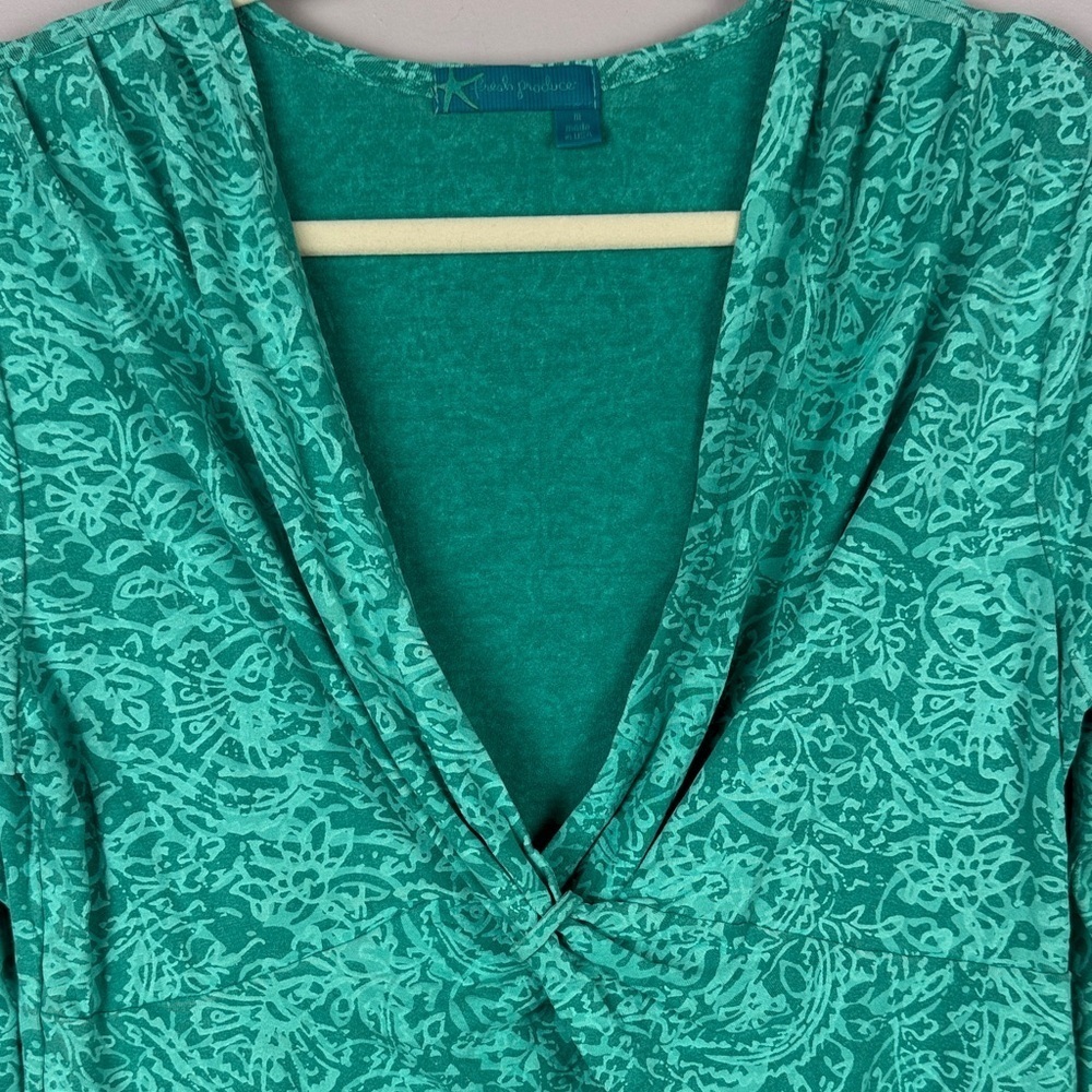 Fresh Produce Turquoise Patterned Wrap 3/4 Sleeve Blouse Size Medium - Picture 6 of 10